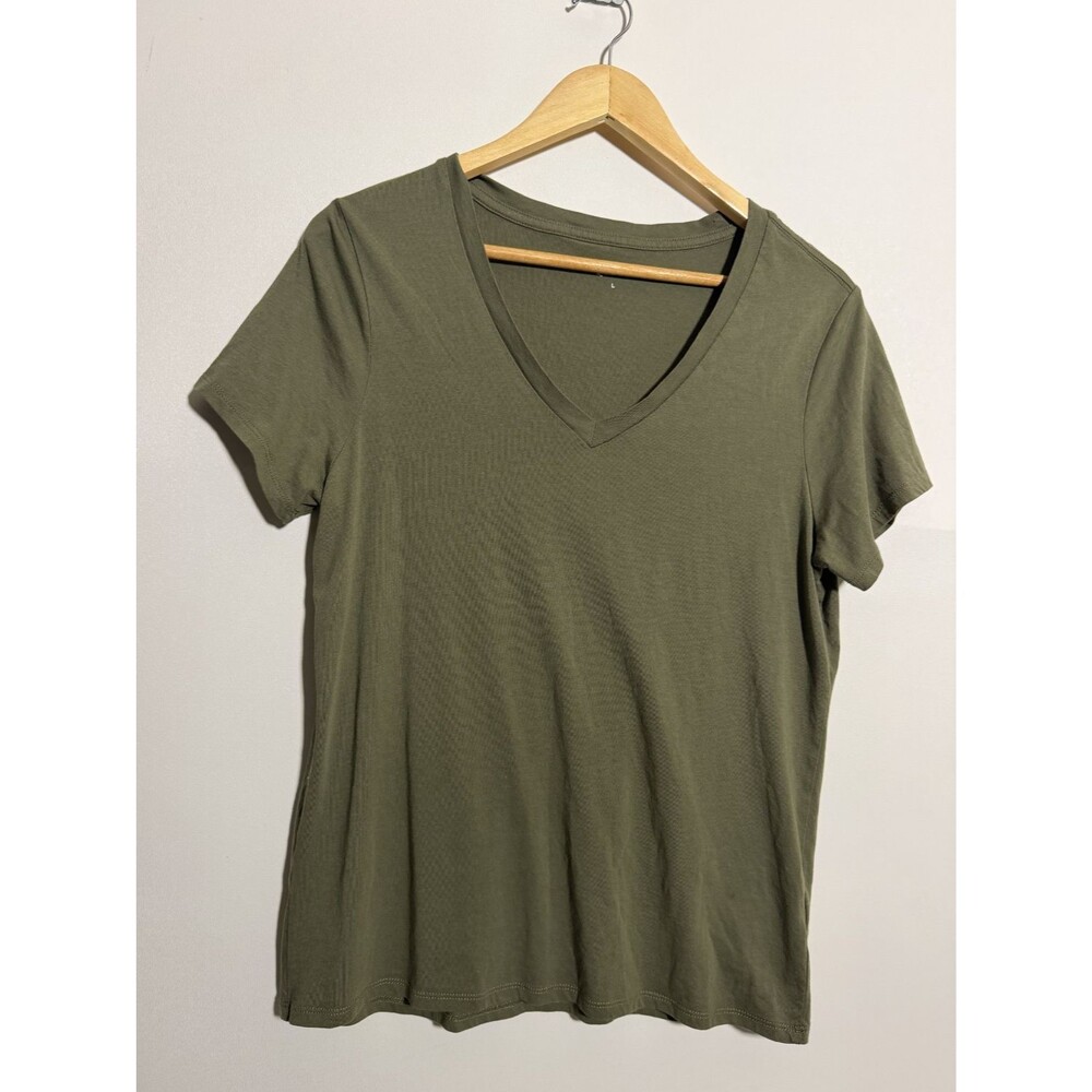 Quince T-Shirt Womens Large Olive Green Cotton Modal V-Neck Tee Shirt Top